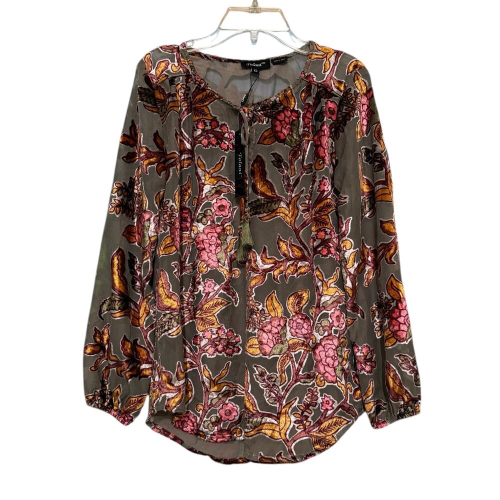 Tolani Burnout  XS Velvet Floral Boho Blouse Top Long Sleeve Tassel Tie NWT